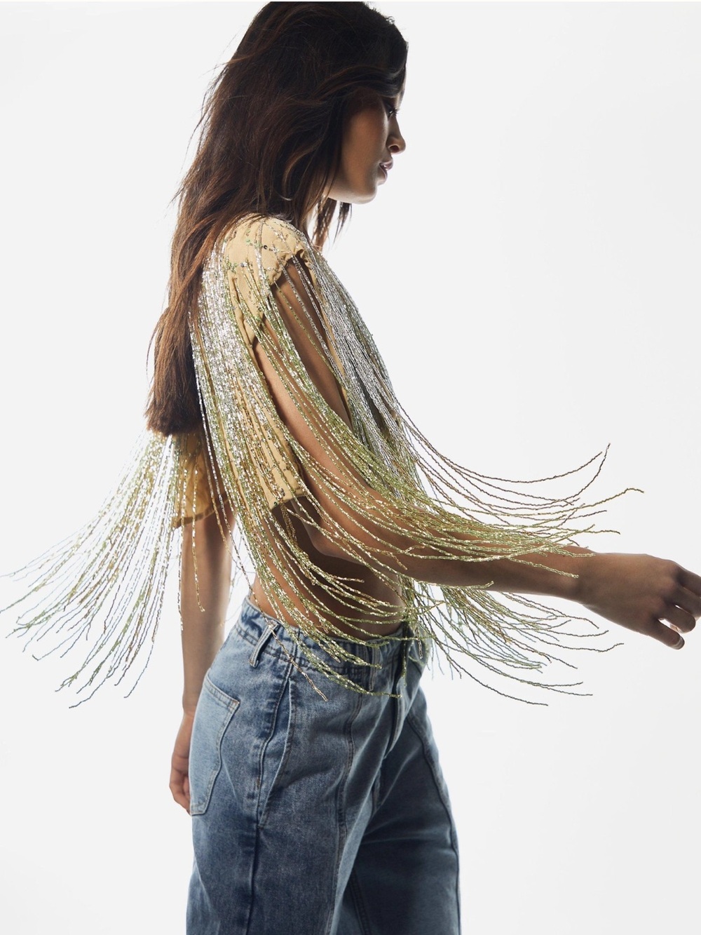 Ombré Tassel Beaded Fringe Crop Top / Cape - Picture 2 of 9